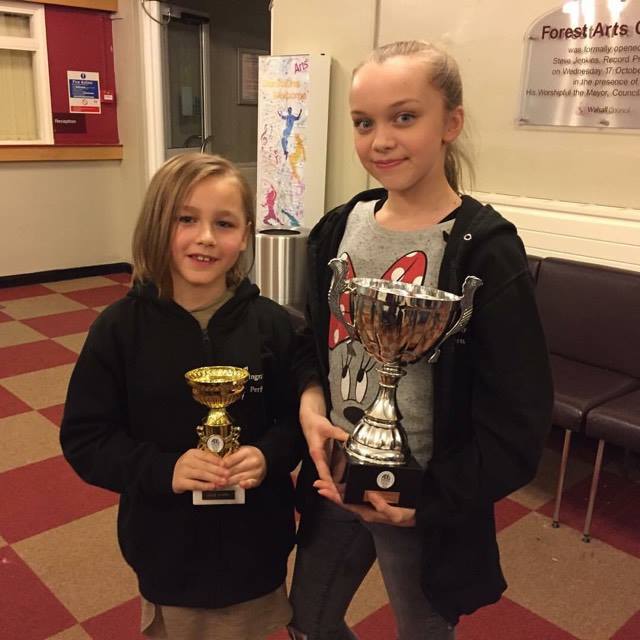 Two young dancers holding their trophies